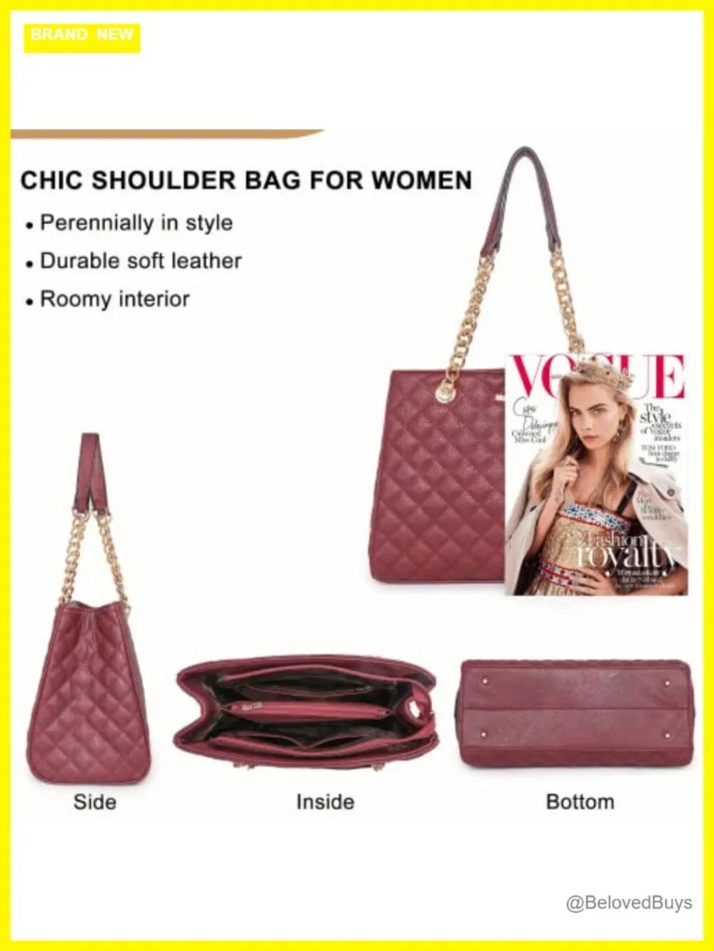 Quilted Faux Leather Tote Bag with Chain Shoulder Strap